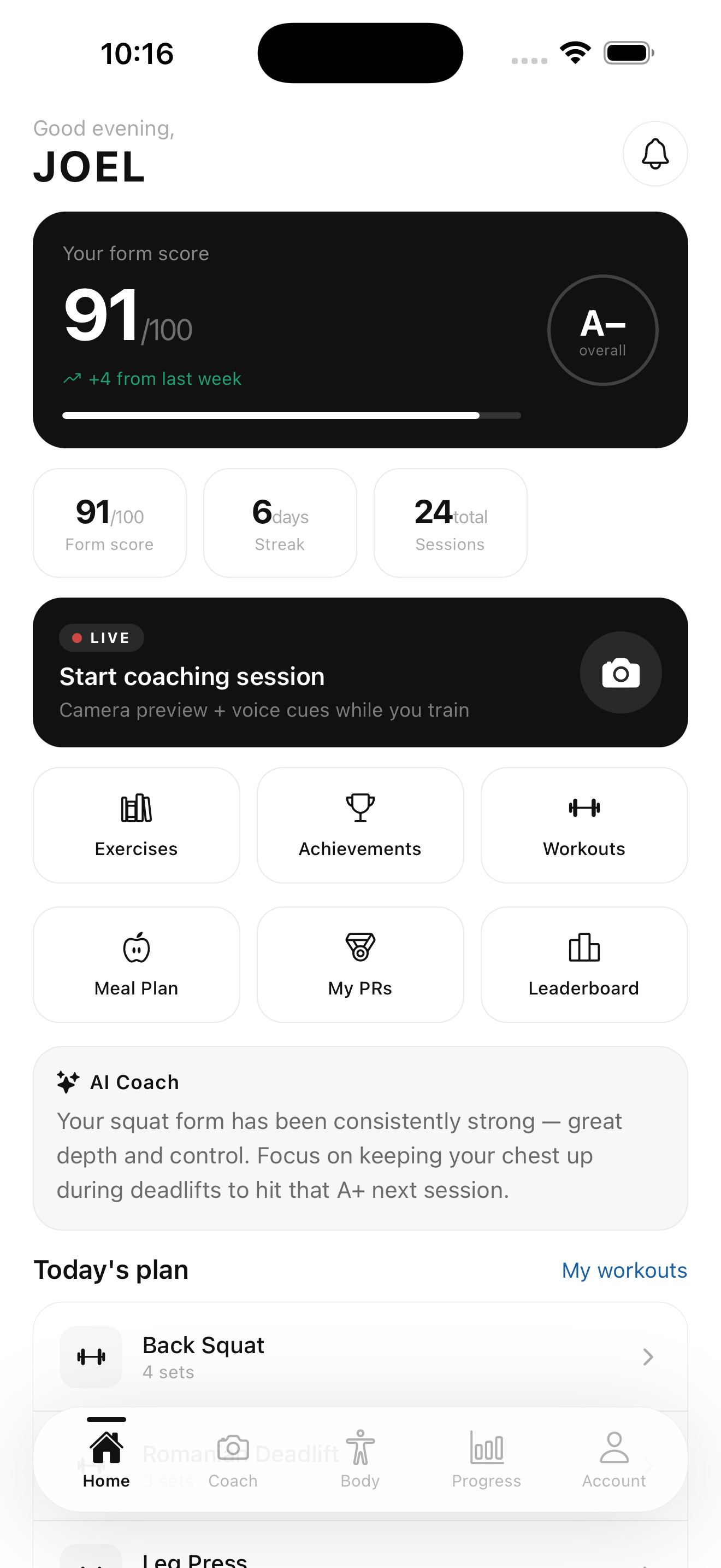 Kiniq Fitness home screen
